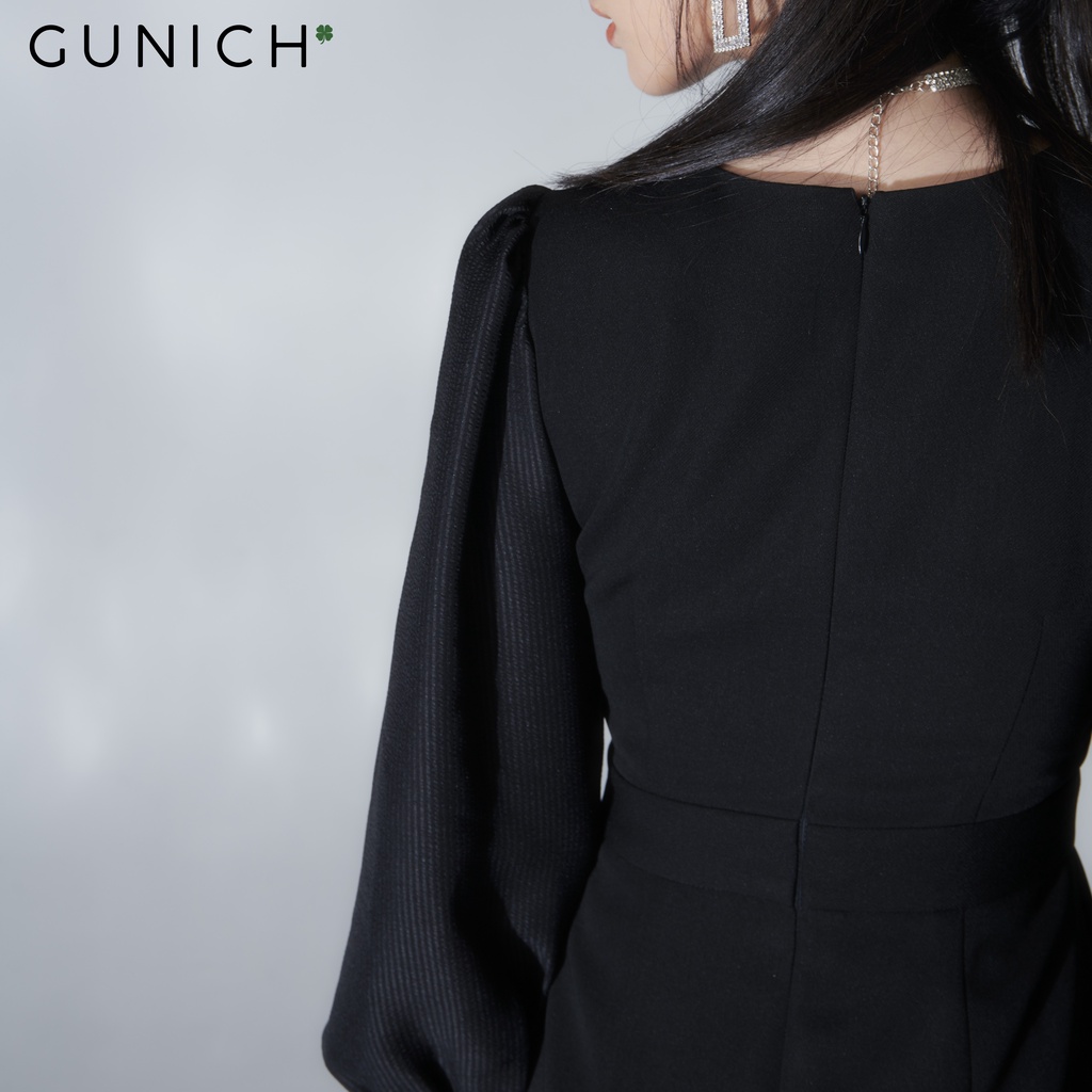 Đầm tay phồng màu đen vải tuyết Ý phối lụa sọc Gunich