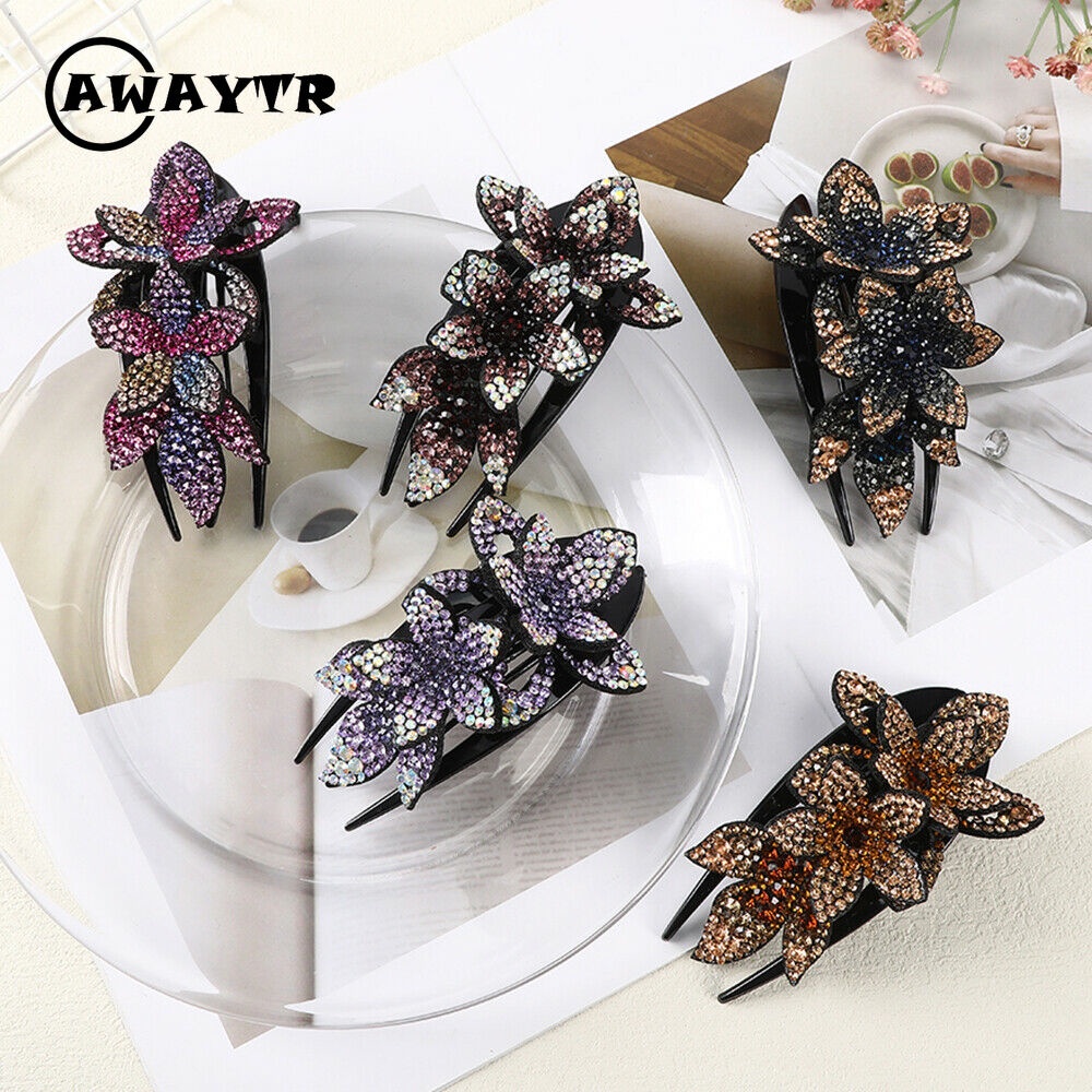 Kẹp Tóc Đuôi Ngựa Đính Đá Hình Hoa Kép Thanh Lịch Cho Nữ