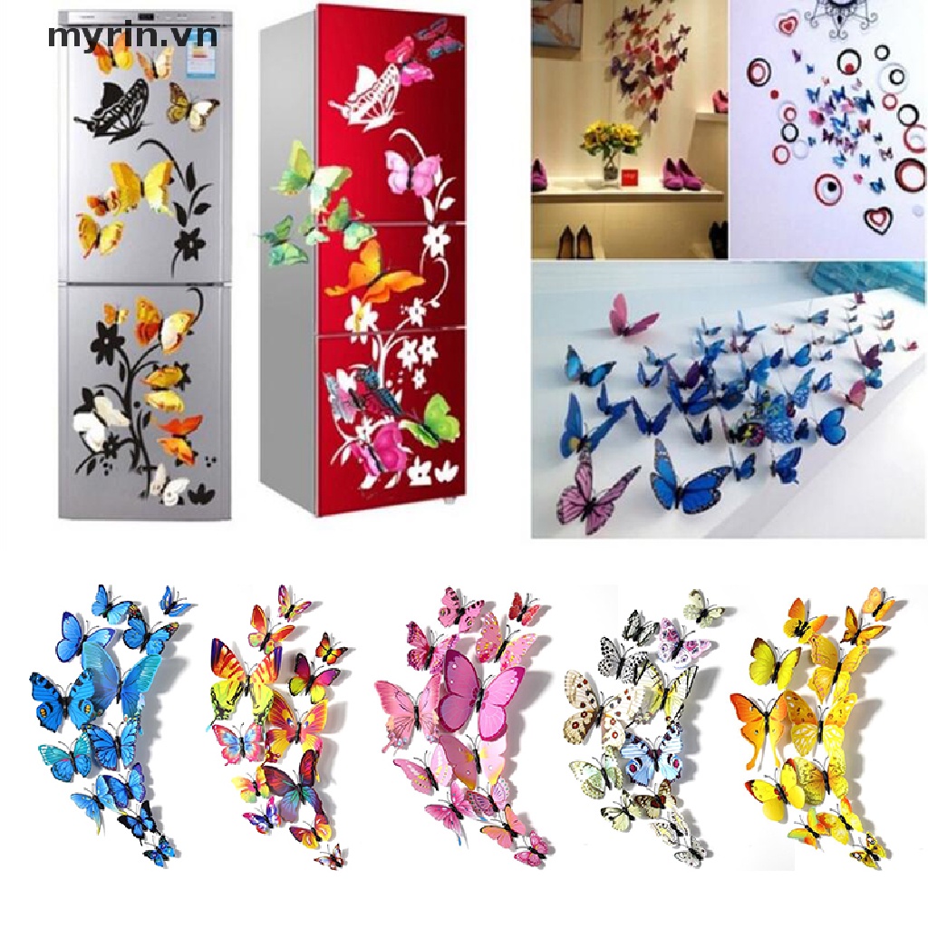 12 Miếng Dán Tường Trang Trí Hình Bướm 3D Tháo Rời Được
