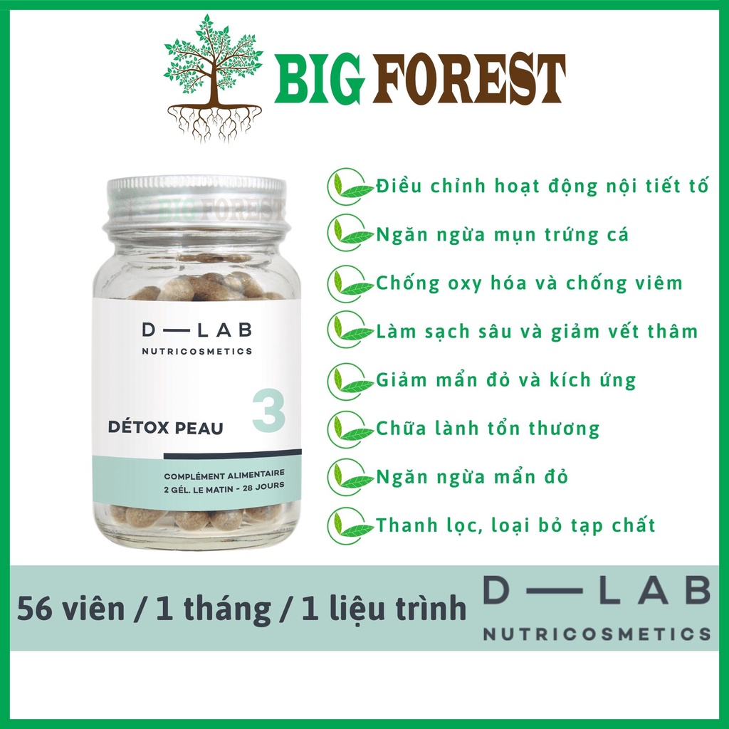 Viên uống Ngăn ngừa mụn, Thanh lọc da, Phục hồi tổn thương - Détox Peau - Skin Detox [D-LAB Pháp]