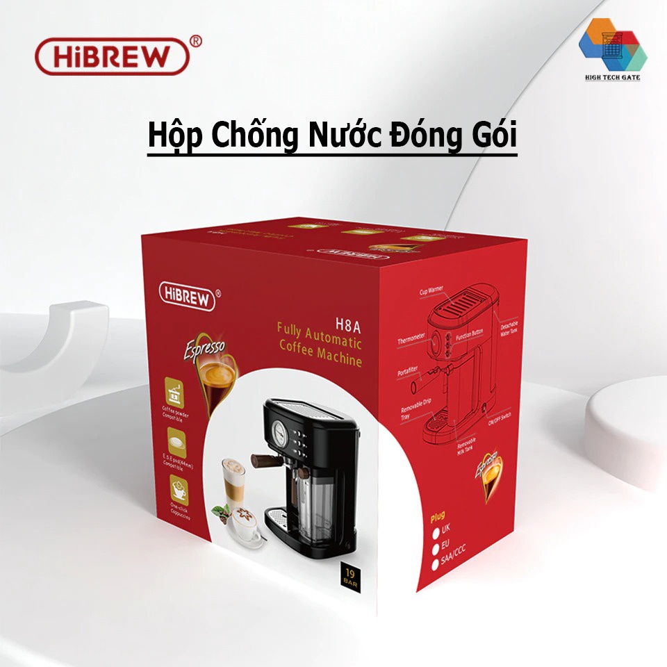 máy pha cafe Hibrew H8A tự động đánh sữa pha Cappuccino hay Latte, áp suất 19 bar mạnh mẽ, kiểm soát nhiệt NTC chuẩn xác