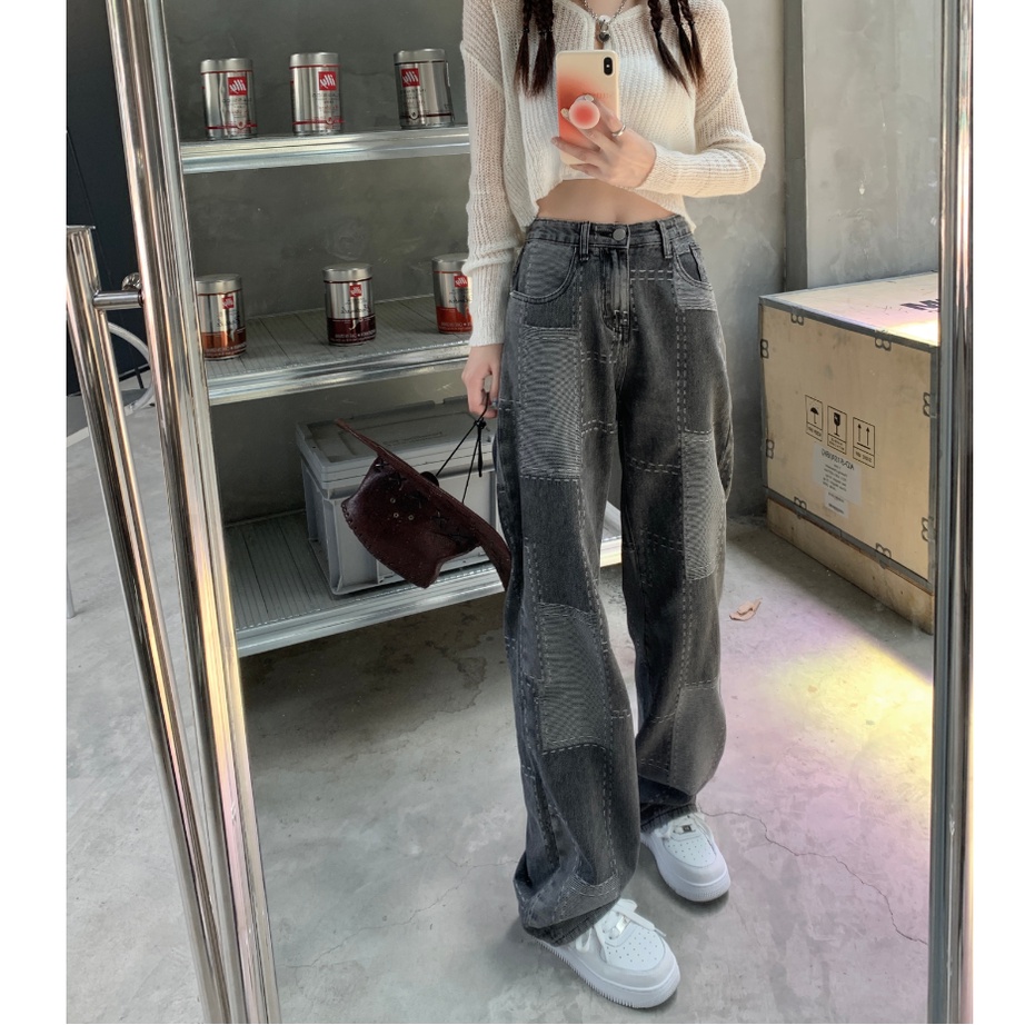 Quần jeans nữ lưng cao ống rộng phong cách vintage