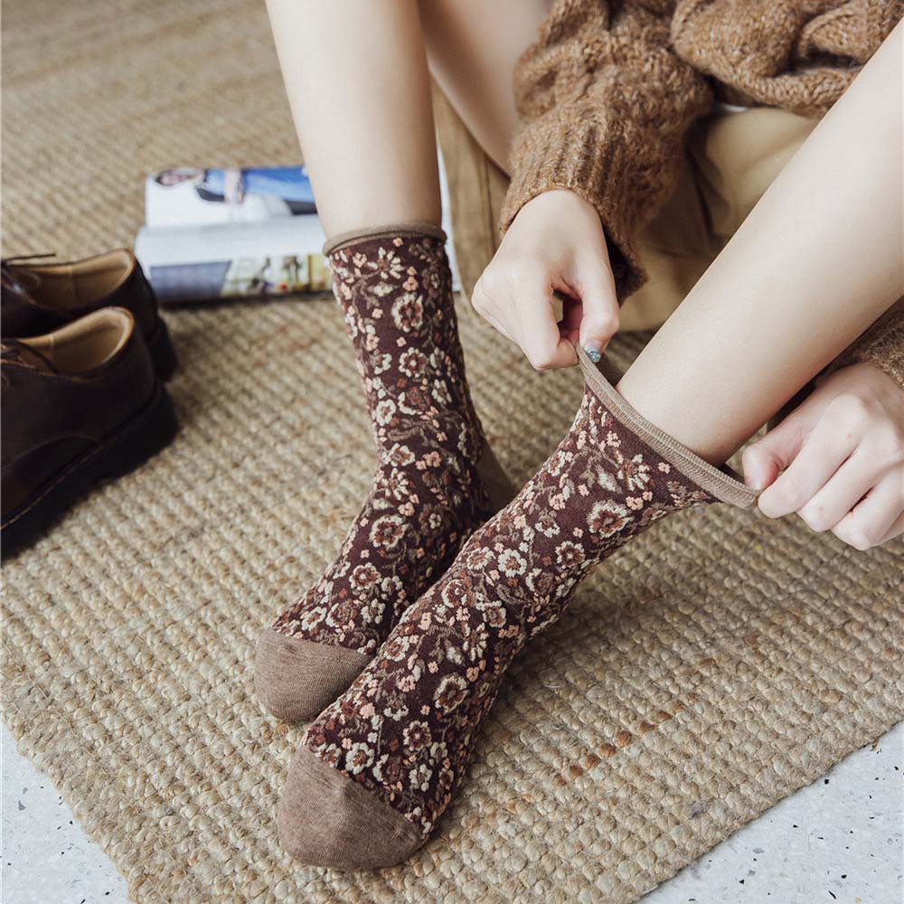 Vớ Cotton Xoăn Thêu Hoa Phong Cách Harajuku Cổ Điển Cho Nữ