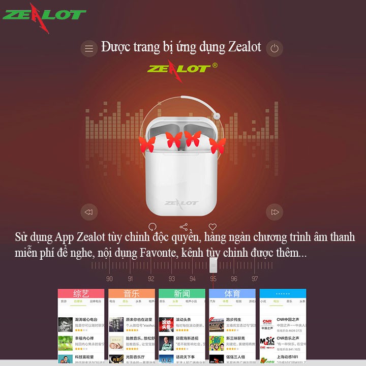 Tai nghe bluetooth không dây nhét tai Zealot cảm ứng 5.0 H20 chống mồ hôi dành cho cả nam và nữ, 1tai nghe kèm 1dock sạc