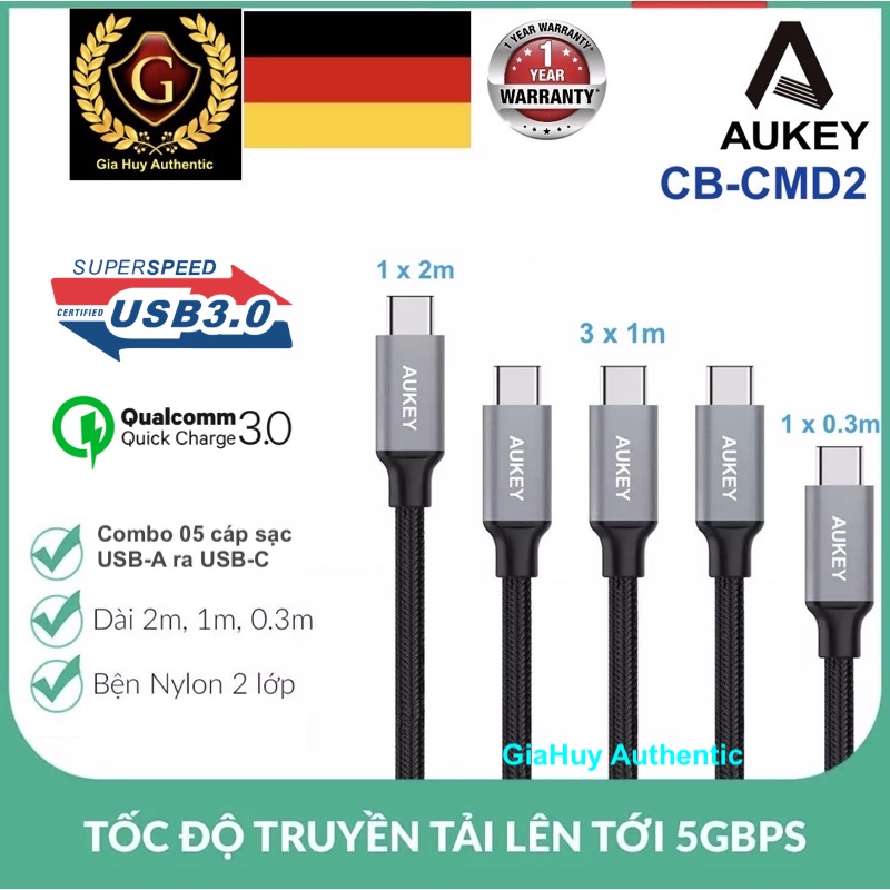 Cáp sạc iP.ad-Pro 2020, S10, Note 10, A71, P30, Mate 30 AUKEY CB-CMD2 USB-A ra USB-C QC 3.0 18W chuẩn USB 3.0 5Gbps