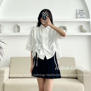 Áo sơ mi dây rút tay lỡ chất thô mềm