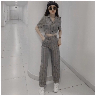 Sét Đồ Bộ Kiểu Nữ Đi Chơi Caro Áo Cổ Vest & Quần Dài