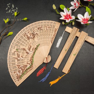 Quạt trầm hạc nan gỗ gấp hoa văn - Hoa Lụa Xuân Thì - Quạt cầm tay trang trí cổ trang - Q11