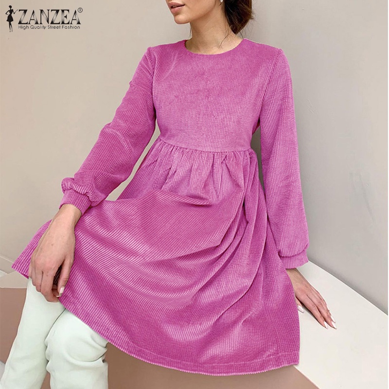 Đầm chữ A mini ZANZEA tay dài cổ tròn màu trơn thời trang phong cách châu Âu cho nữ