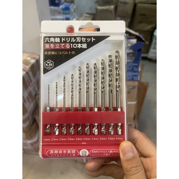 Bộ Mũi khoan kim loại/Inox Xuất Nhật 10 mũi chuôi lục cho máy pin