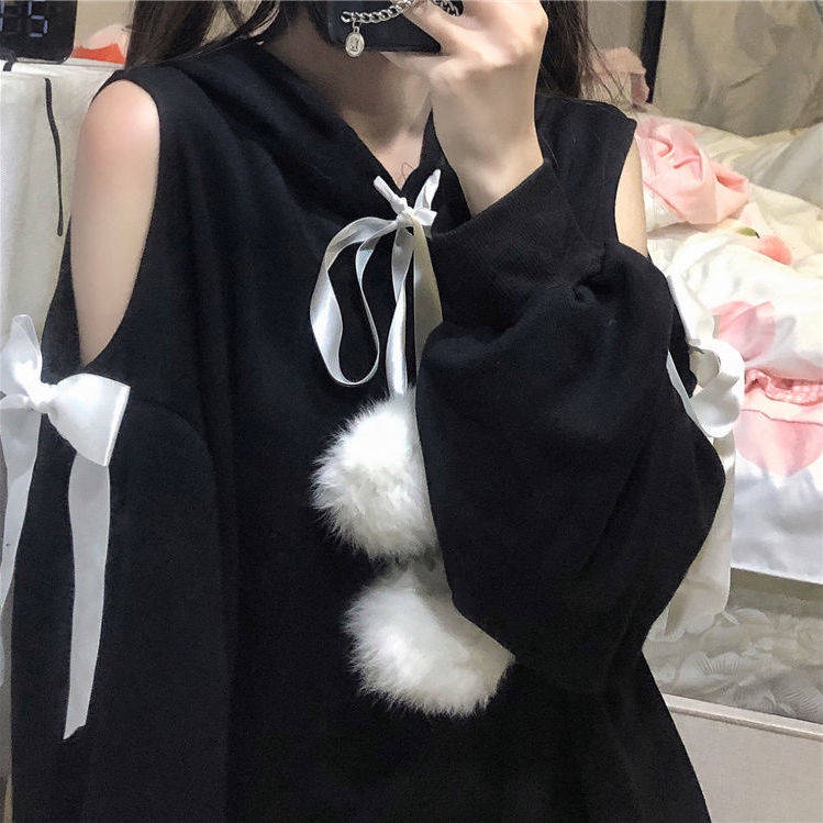 Áo Sweater Dáng Rộng Hở Vai Phối Nơ Thời Trang Thu Đông Phong Cách Hàn Quốc