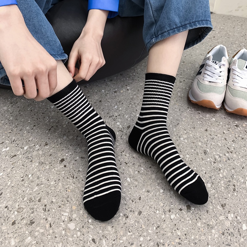 Ins Korean Striped Women Crew Socks Cotton Female Casual Semi-high Socks Ready Stock Ladies Middle Socks