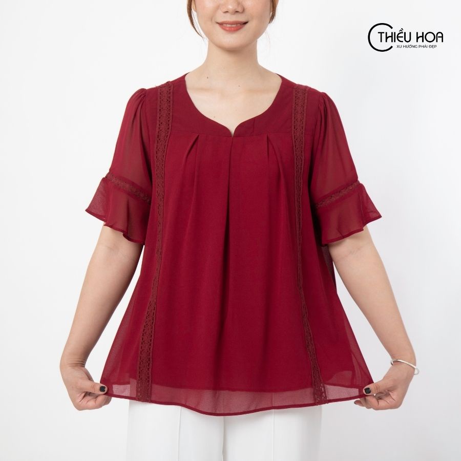 Áo Trung Niên Chiffon Phối Ren Thiều Hoa Y905