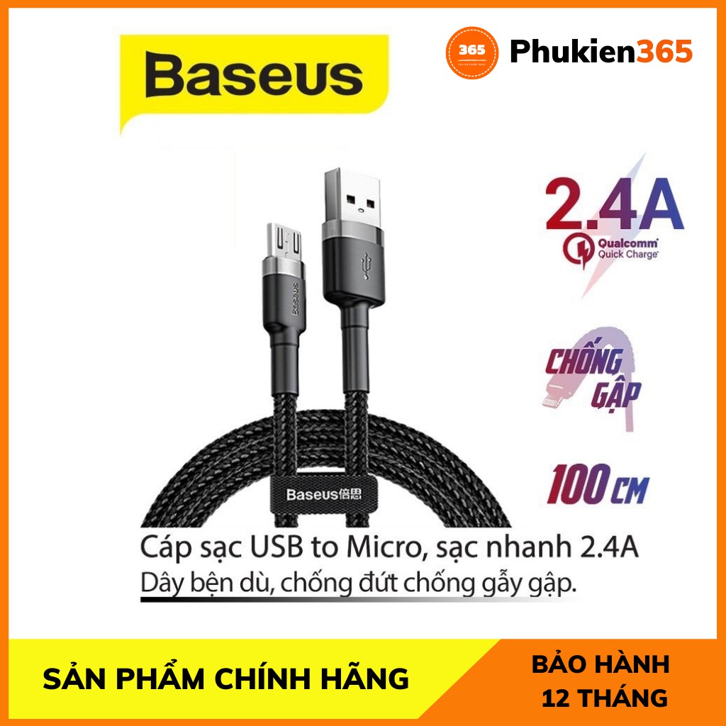 Cáp sạc nhanh Micro 2.4a cho Android Samsung Xiaomi Oppo hỗ trợ truyền dữ liệu 1M/2M dây chống gãy gập chính hãng baseus