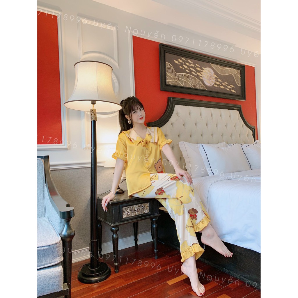 Đồ bộ nữ mặc nhà tay ngắn quần dài phối bèo cổ nơ pijama vải lụa satin kiểu vintage tiểu thư quà tặng vợ | BigBuy360 - bigbuy360.vn