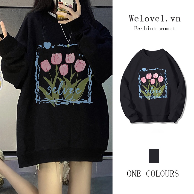 Áo sweater tay dài cổ tròn màu đen phong cách retro Mỹ dành cho nữ