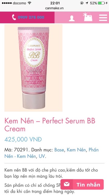 (Bill siêu thị Nhật)Kem nền Perfect Serum BB cream Hãng Canmake Tokyo Nhật Bản