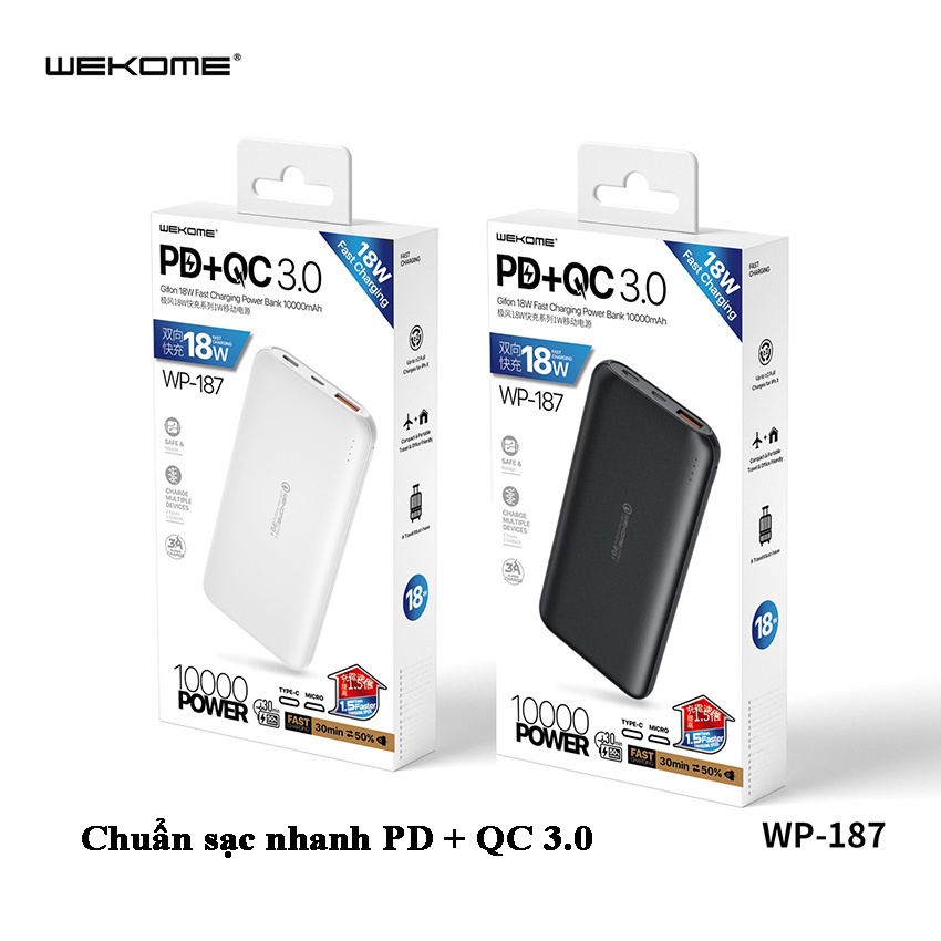 Sạc dự phòng 10.000 mAh, sạc nhanh 18W, có cổng type C to lighting, chính hãng WP-187, bảo hành 12 tháng