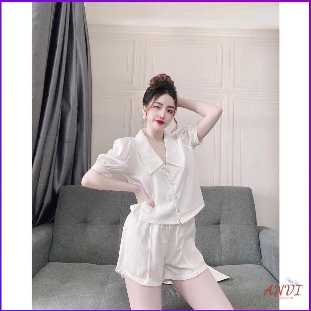 Đồ Mặc Nhà Ở Nhà ANVI, Đồ Ngủ Mặc Nhà Áo Cổ Sen Tay Ngắn Quần Sọc Lụa Màu Form Rộng Rãi Thoải Mái Dưới 60kg . | BigBuy360 - bigbuy360.vn