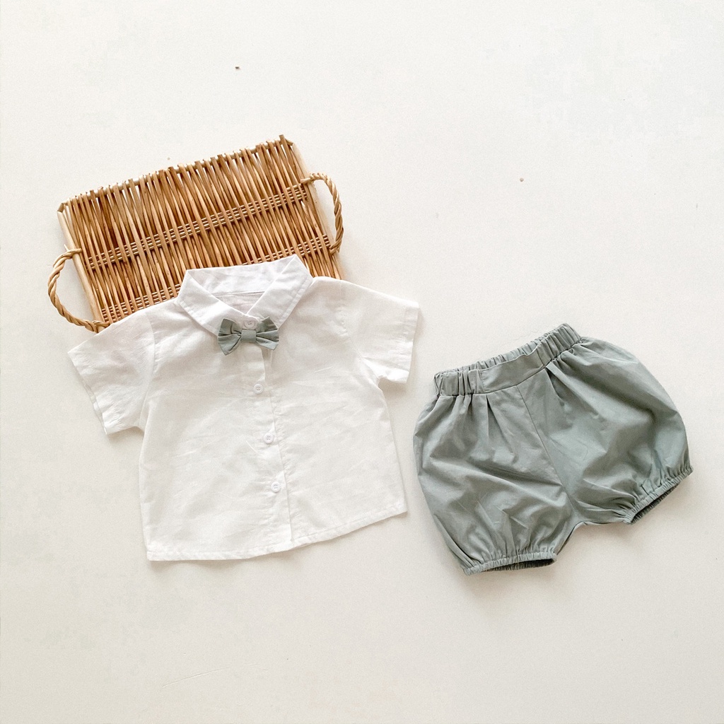 Set Đồ 2 Món Gồm Áo Thun Tay Ngắn Thắt Nơ + Quần Short Thời Trang Mùa Hè Cho Bé Trai