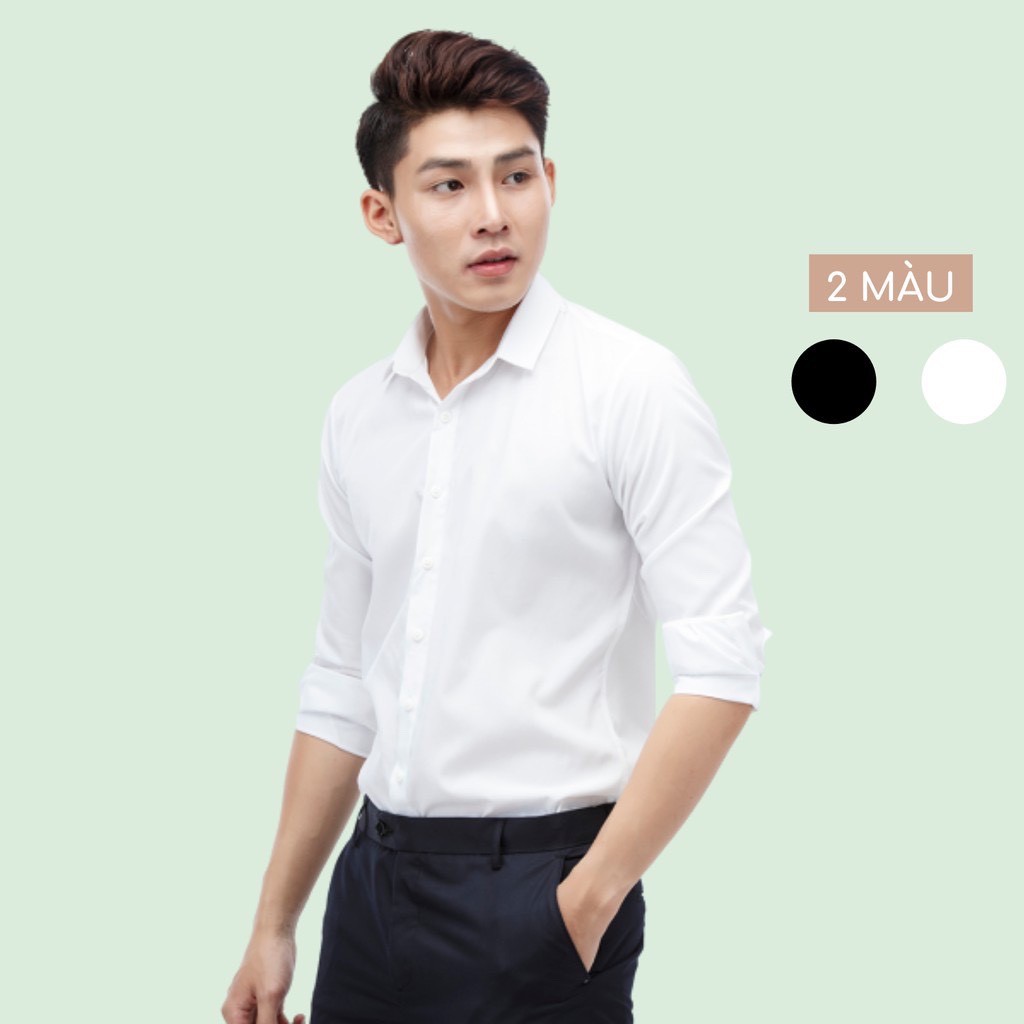Áo Sơ mi nam trắng tay dài dáng ôm, vải lụa thái trơn không nhăn