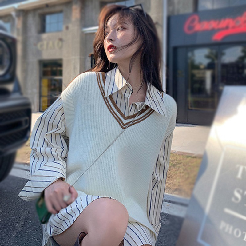 Áo Dệt Kim Không Tay Dáng Rộng Cổ Chữ V Màu Sắc Tương Phản Phong Cách Retro