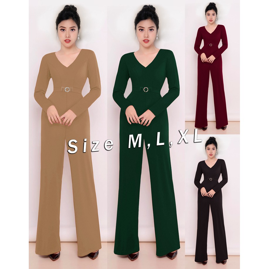 Jumpsuit nữ tay dài ống loe phối nơ bụng xinh xắn J988
