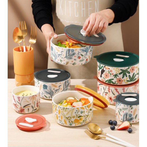 [CÓ SẴN] Hộp cơm văn phòng, hộp đựng thức ăn bằng sứ nắp hút chân không