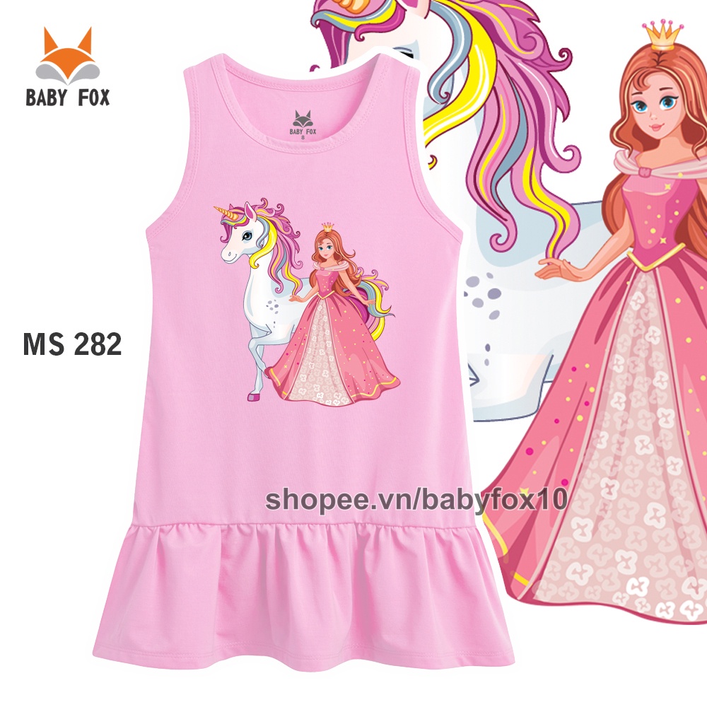 Đầm thun bé gái 100% cotton loại tốt, thương hiệu BABY FOX, in hình công chúa, size nhỏ, trung, đại e