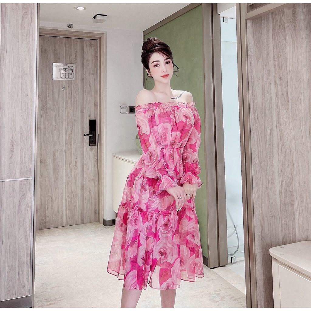 Đầm hoa siêu xinh 🔸 HÀNG CAO CẤP 🔸 váy nữ trễ vai chất liệu tơ mềm mát, không bai xù và có độ co giãn nhẹ | BigBuy360 - bigbuy360.vn