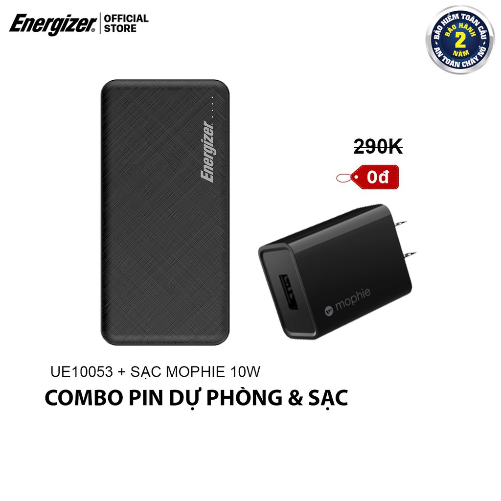 Combo pin dự phòng Energizer 10000mAh UE10053 + Cốc sạc Mophie 10W - Hàng chính hãng, Bảo hành 2 năm 1 đổi 1