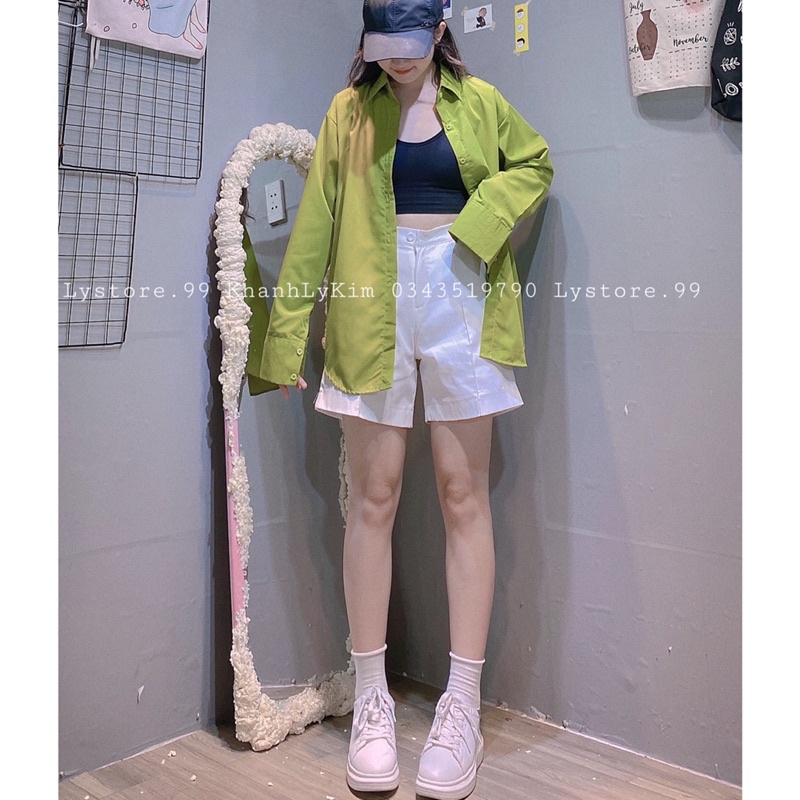 (Hình shop chụp) Áo sơmi xanh cốm, quần short kaki