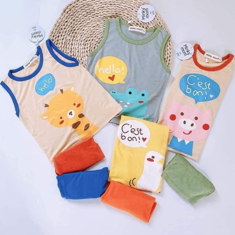 Bộ Ba lỗ Chất Thun Lạnh Hàng Minky Mom Hoa Tiết Động Vật Hello- Cest Bon Cho Bé (8-18kg