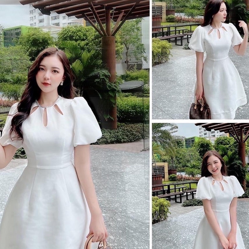 Đầm dự tiệc trắng cổ đính đá Laven Dress