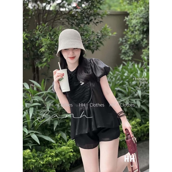 Set bộ voan tơ áo kiểu phối kèm quần