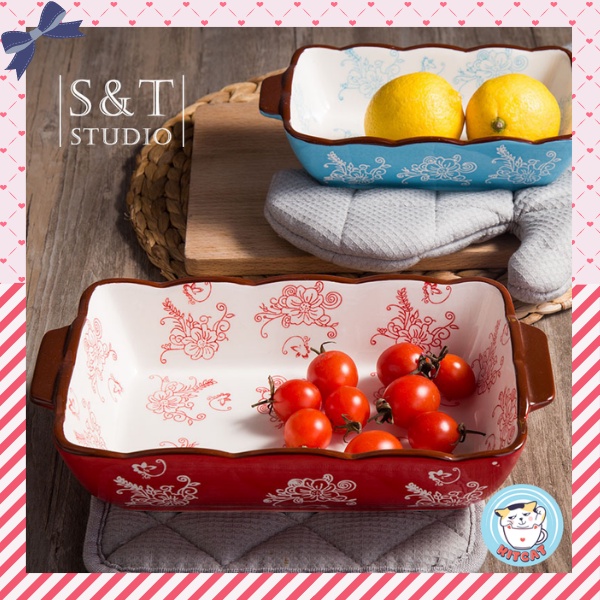 Khay nướng, khay viền sóng chữ nhật họa tiết Red Flower KITCAT STORE phong cách Nhật Bản Hàn Quốc hàng loại 1 cao cấp