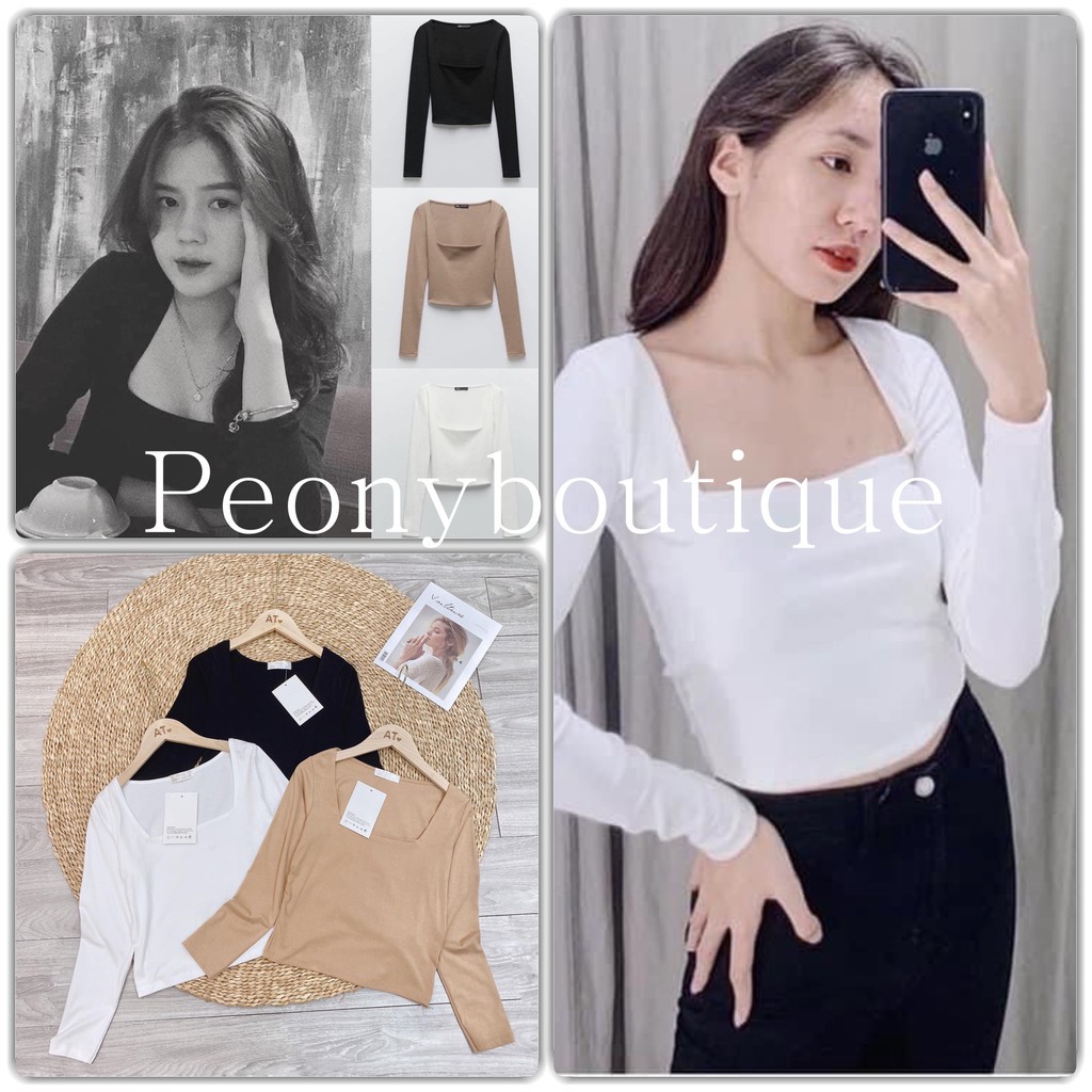 Áo Croptop Len ZIP Cổ Vuông Nữ 🌸 Thun tăm dài tay, phông trơn body dáng suông ôm màu ĐEN | TRẮNG | NUDE Ulzzang HOT 🌸
