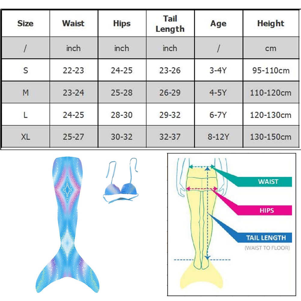 Bộ đồ bơi 2 mảnh gồm bra + đuôi nàng tiên cá nhiều màu sắc cho bé gái 3-12 tuổi