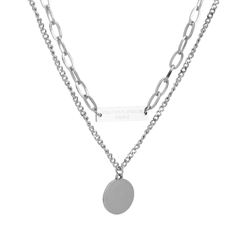 Vòng cổ Hai Lớp Mặt Thẻ Tròn Đơn Giản Phong Cách Hàn Quốc