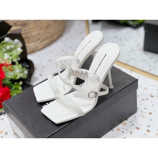 Sandal quai ngang chữ đá bọc lụa gót nhọn fullbox