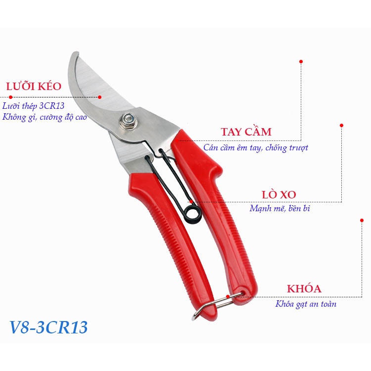 Kéo cắt tỉa cành kéo làm vườn công nghệ Nhật VHV7-9 bằng thép không rỉ SK5 siêu bền