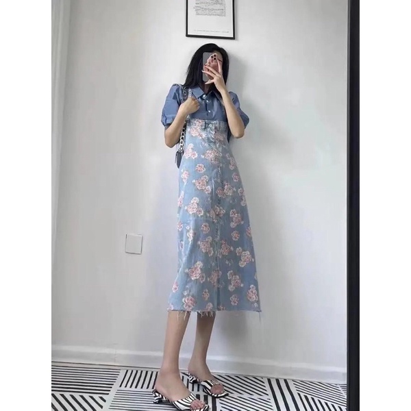 Yếm denim hoa retro Pháp