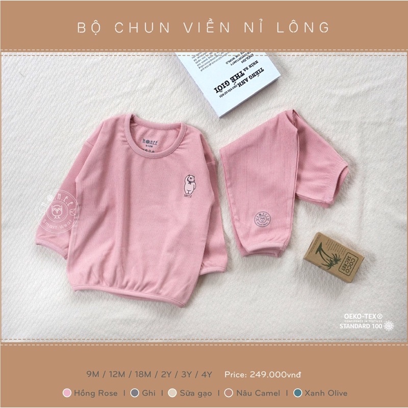 Bộ dài tay nỉ lông viền chun Hrnee ấm áp cho bé