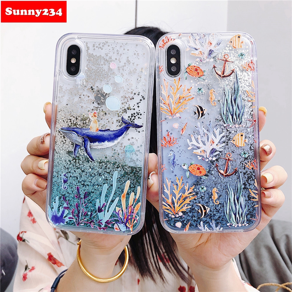 Ốp điện thoại kim tuyến nước hình thế giới dưới nước thích hợp cho iPhone 6 6S 7 8 Plus X XS Max XR
