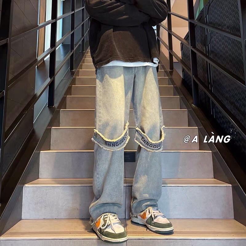 Quần bò jeans ống rộng màu bụi thêu chữ cách điệu hot trend Ulzzang unisex siêu chất ❤️