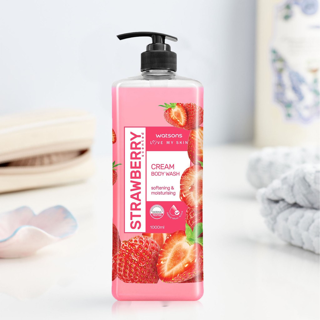 Kem Tắm Watsons Love My Skin Strawberry Scented Cream Body Wash Dâu Tây Ngọt Ngào 1000ml