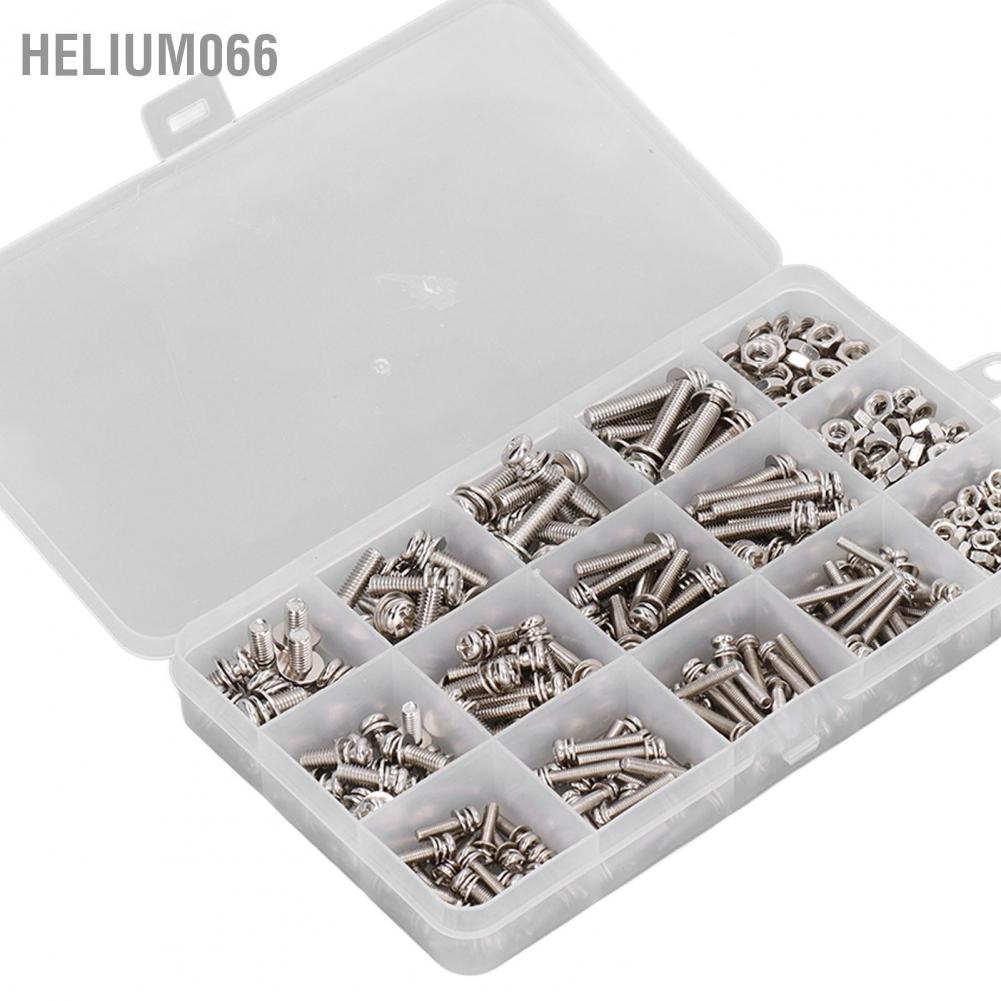 Helium066 360 chiếc Đai ốc Bộ vít bằng thép không gỉ Máy giặt phẳng mùa xuân Combo ngăn ngừa trượt Nhiều kích cỡ Bu lông