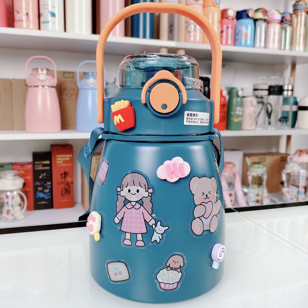 Bình giữ nhiệt 1000ml có ống hút lõi inox 304 giữ nhiệt 12h tặng Sticker trang trí siêu dễ thương