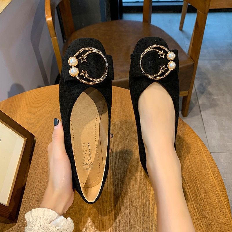 MURIOKI Giày xỏ chân miệng nông đính ngọc trai nhân tạo thời trang Hàn Quốc nhẹ nhàng dành cho bạn nữ