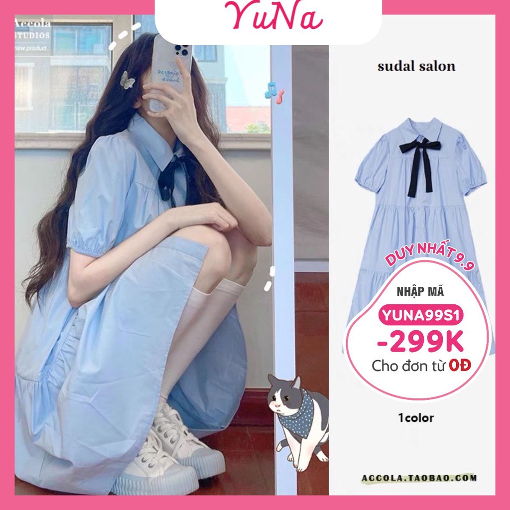 Váy babydoll YUNA xòe tầng kiểu đức kèm nơ siêu xinh chất liệu thô mềm cao cấp, thời trang nữ YUNA